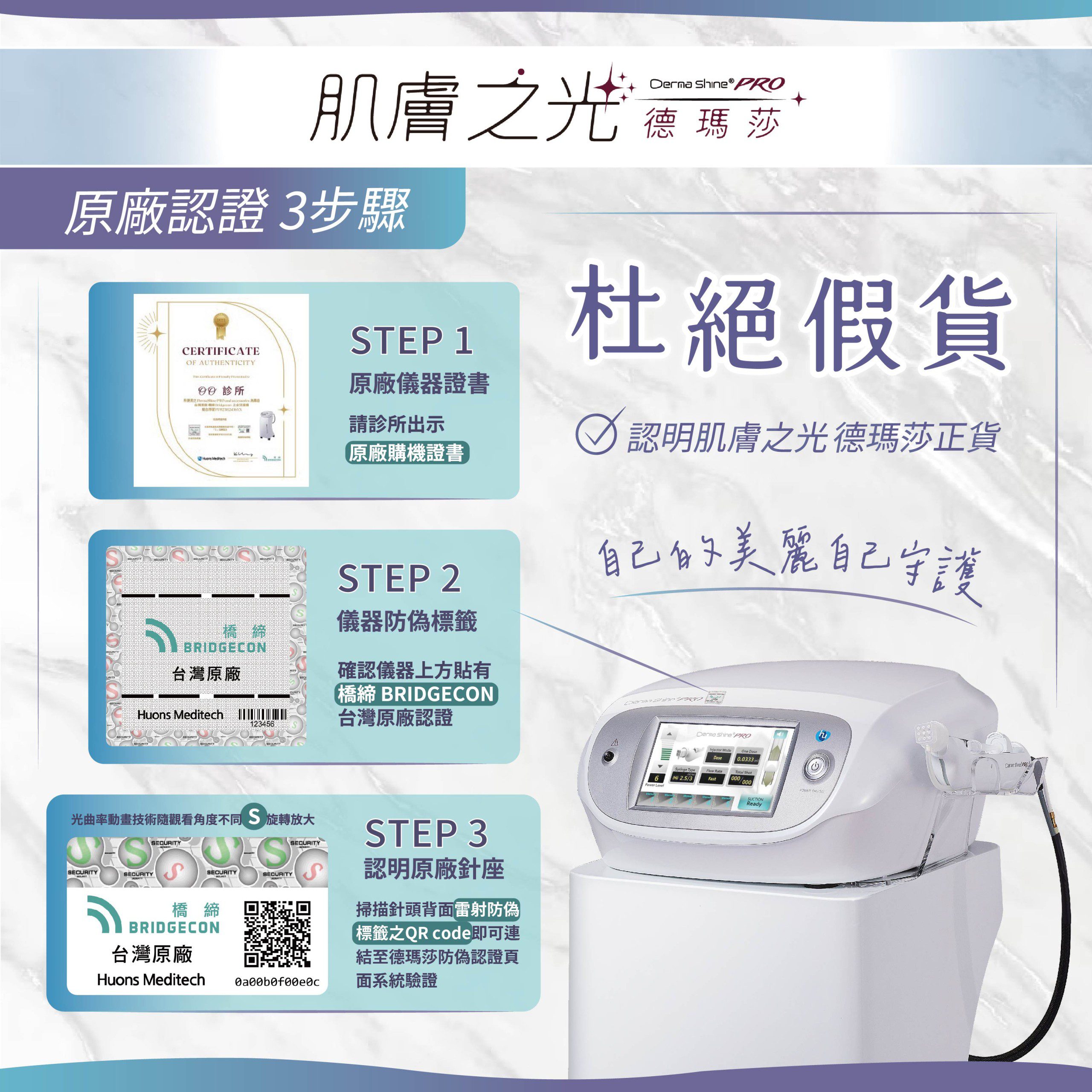 原廠認證：購機證書、防偽標籤與針頭 QR 驗證